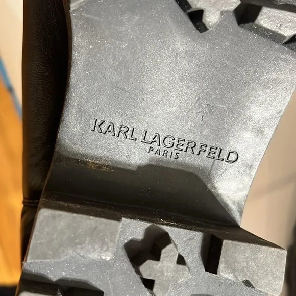 Karl Lagerfeld size 10 black leather boots pearl and gold details &amp; lug sole