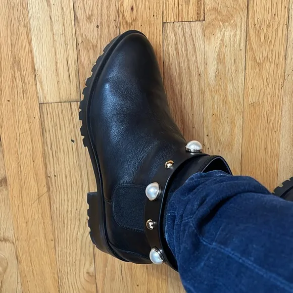 Karl Lagerfeld size 10 black leather boots pearl and gold details &amp; lug sole