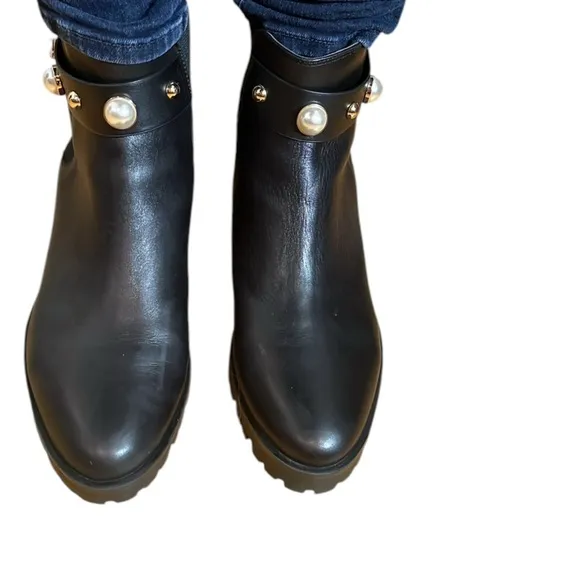 Karl Lagerfeld size 10 black leather boots pearl and gold details &amp; lug sole