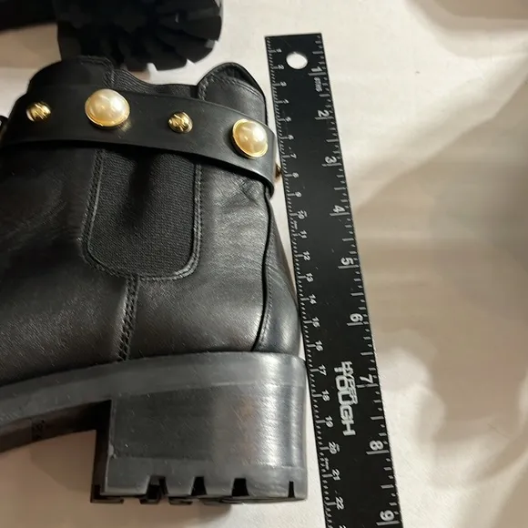 Karl Lagerfeld size 10 black leather boots pearl and gold details &amp; lug sole