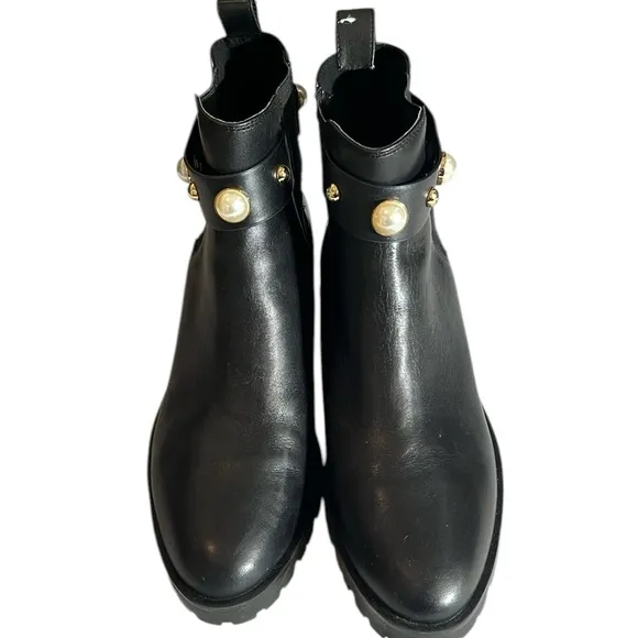 Karl Lagerfeld size 10 black leather boots pearl and gold details &amp; lug sole