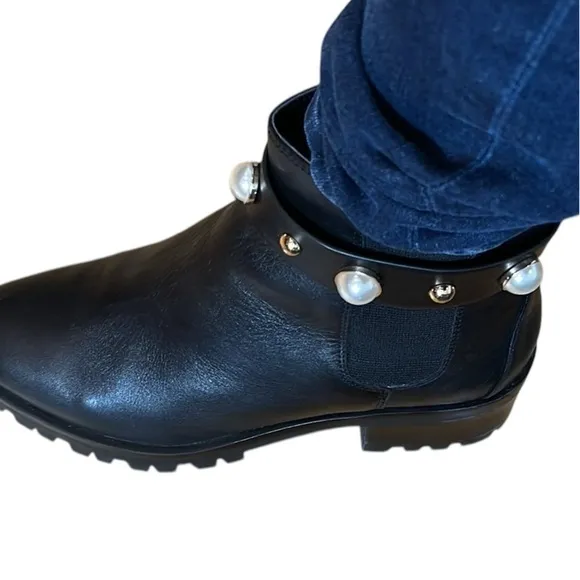 Karl Lagerfeld size 10 black leather boots pearl and gold details &amp; lug sole