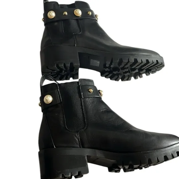 Karl Lagerfeld size 10 black leather boots pearl and gold details &amp; lug sole