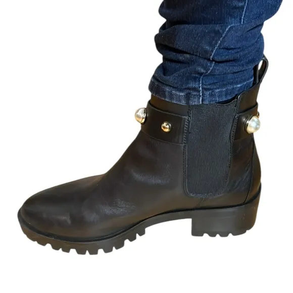 Karl Lagerfeld size 10 black leather boots pearl and gold details &amp; lug sole
