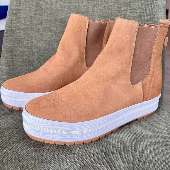 Keds Womens Tan Suede Slip-On High-top The Platform Chelsea Lug Boots Size 10