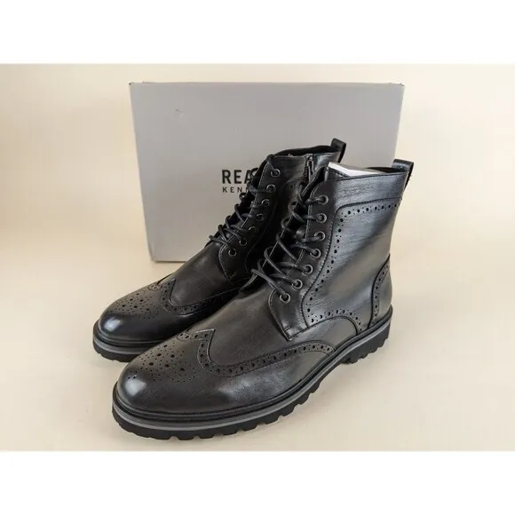 Kenneth Boots Mens 12 M Cole Klay Lug Combat Black Leather Lace Up Shoes NWB