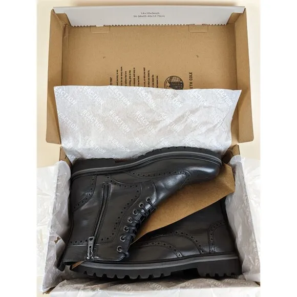 Kenneth Boots Mens 12 M Cole Klay Lug Combat Black Leather Lace Up Shoes NWB