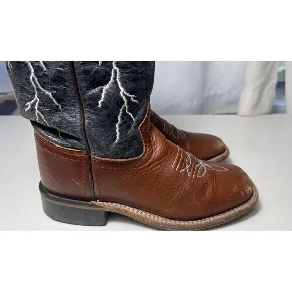 Kids Cody James Black Brown Leather Lightning Square Toe Western Boots: 13-O.D