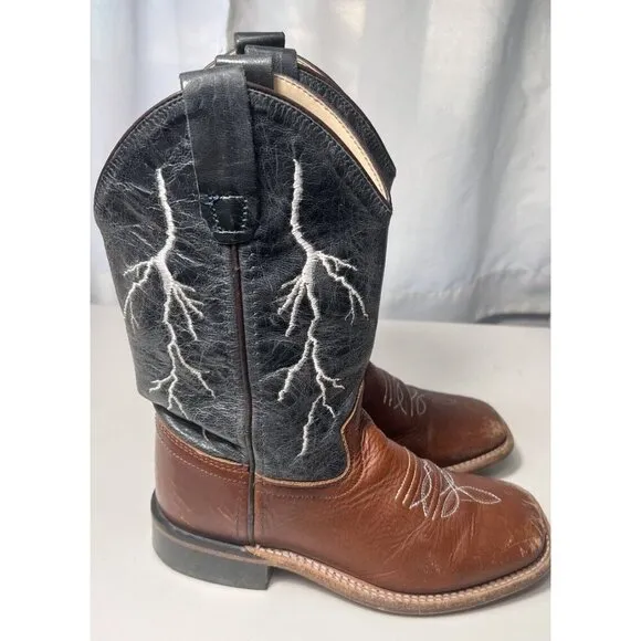 Kids Cody James Black Brown Leather Lightning Square Toe Western Boots: 13-O.D
