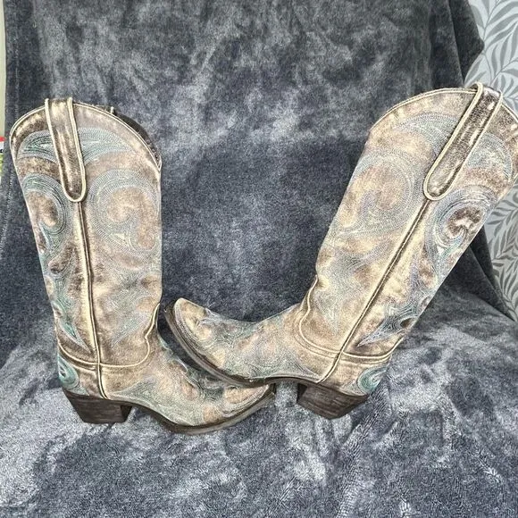 Lane Western Boots Womens Love Sick Cowboy Snip Brown Teal size 6.5