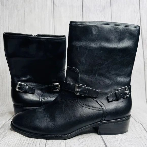 Lauren Ralph Lauren Mesi Black Leather Zip Mid Calf Riding Boots Size 9.5B