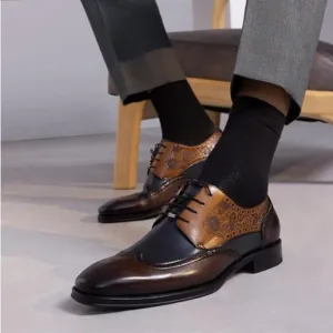 LEIZILEI Men's Brown Textured Prints Brogue Genuine Lace-Up Dress Oxfords
