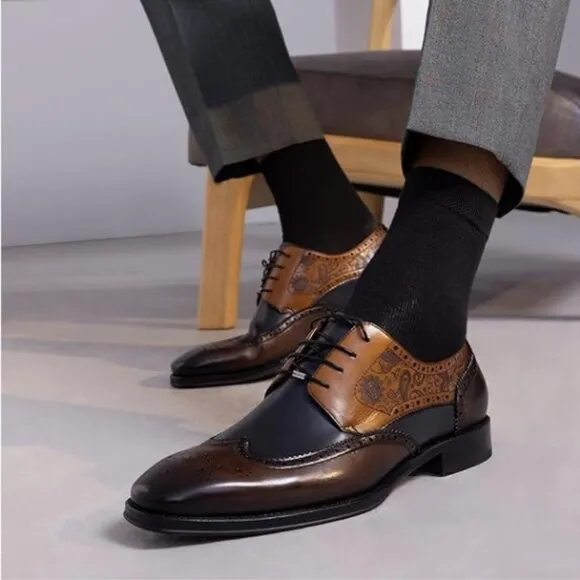 LEIZILEI Men's Brown Textured Prints Brogue Genuine Lace-Up Dress Oxfords