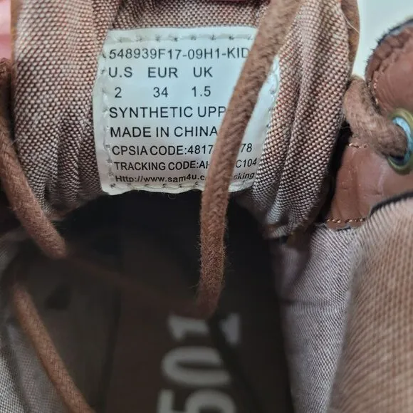 Levis Kids Brown Faux Leather High-Top Boots US 2 EUR 34 UK 1.5 With Synthetic U