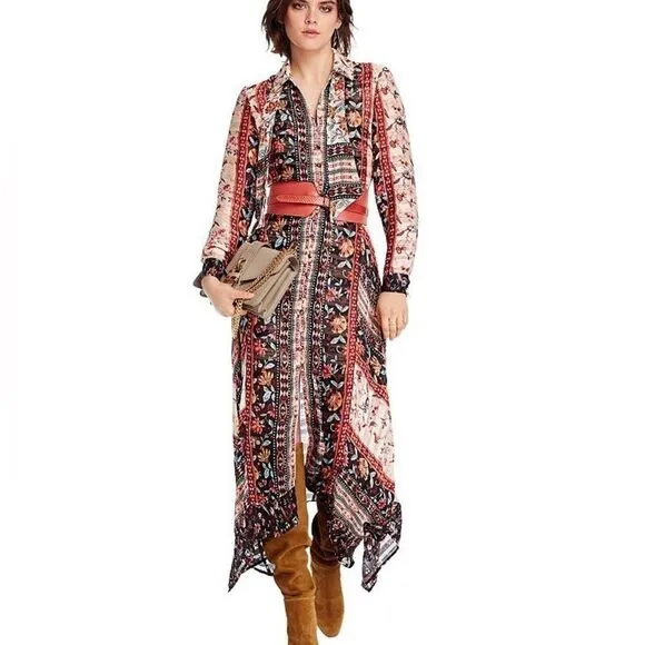 LINI Rose Mixed-Print Handkerchief-Hem Dress with necktie