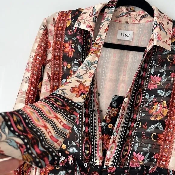 LINI Rose Mixed-Print Handkerchief-Hem Dress with necktie