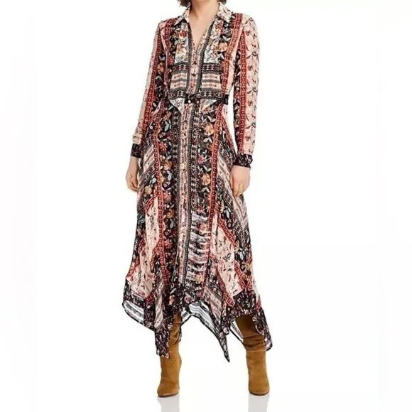 LINI Rose Mixed-Print Handkerchief-Hem Dress with necktie