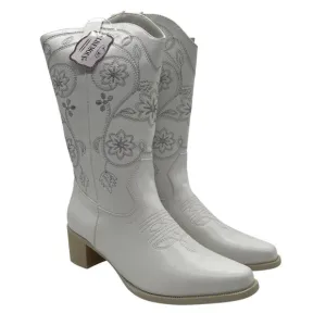 Lisemous Womens Embroidered Pointy Toe Cowboy Boots White Sz 7 Festival Western