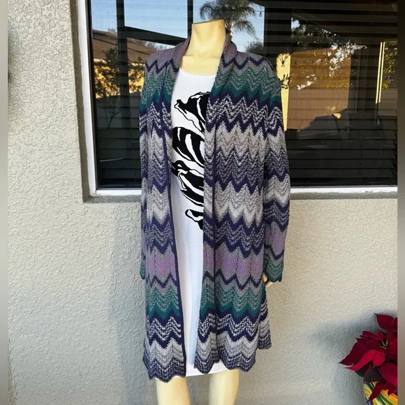 Liz &amp; Co Womens Large Chevron Coat Sweater Long Duster