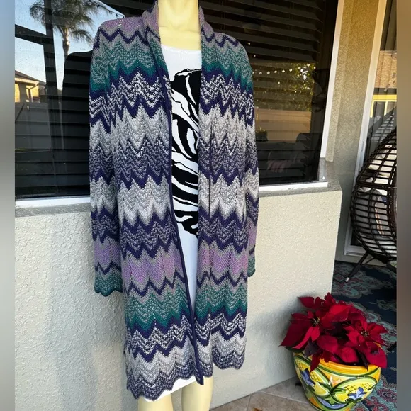Liz &amp; Co Womens Large Chevron Coat Sweater Long Duster