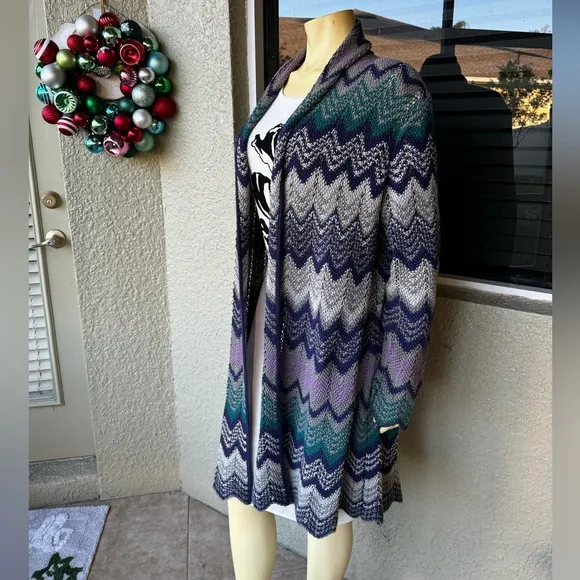 Liz &amp; Co Womens Large Chevron Coat Sweater Long Duster