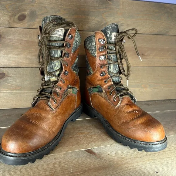 ll bean mens size 10 wide shoes brown leather waterproof camo hunting boots