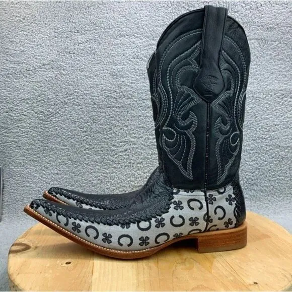 Los Altos Mens Size 7 (EE) Boots Caimen Pointed Toe Western Black Leather Shoes