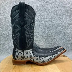 Los Altos Mens Size 7 (EE) Boots Caimen Pointed Toe Western Black Leather Shoes