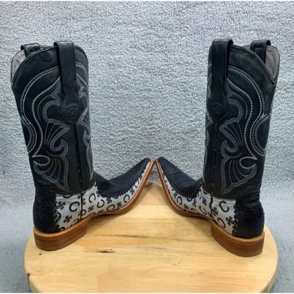 Los Altos Mens Size 7 (EE) Boots Caimen Pointed Toe Western Black Leather Shoes