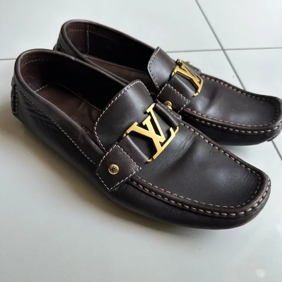 Louis Vuitton mens leather loafers brown gold size 8.5 will fit 9.5 mens size US
