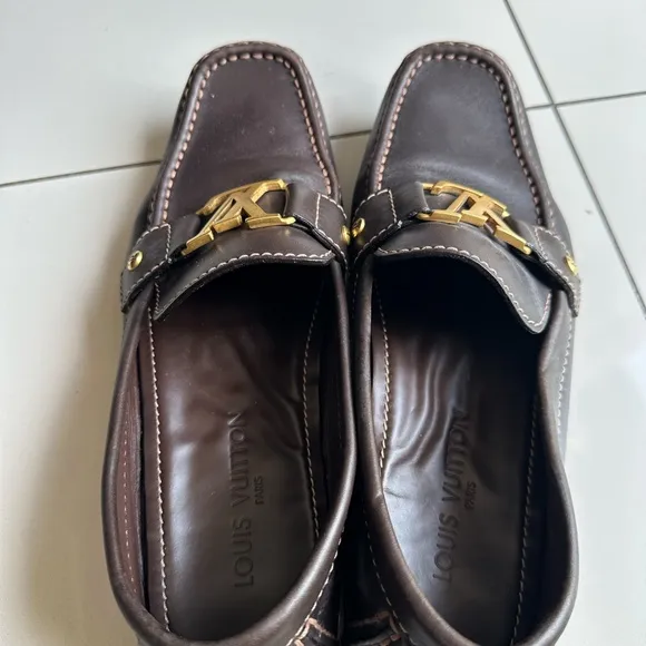 Louis Vuitton mens leather loafers brown gold size 8.5 will fit 9.5 mens size US
