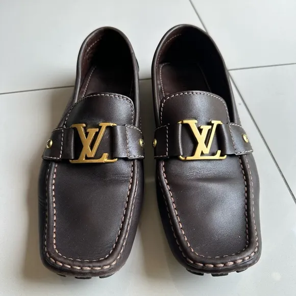 Louis Vuitton mens leather loafers brown gold size 8.5 will fit 9.5 mens size US