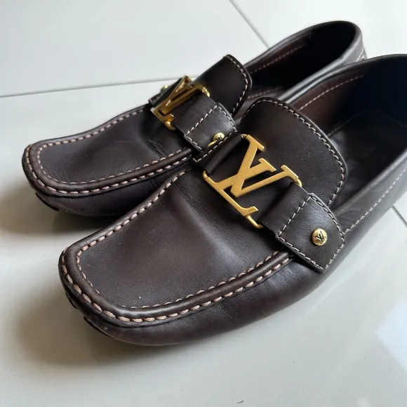 Louis Vuitton mens leather loafers brown gold size 8.5 will fit 9.5 mens size US