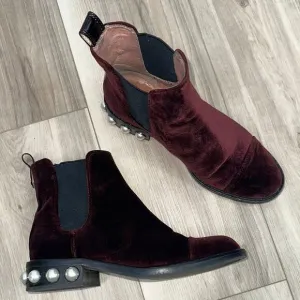 Louise Et Cie Maroon velvet pearl embellished slip on boots size 7