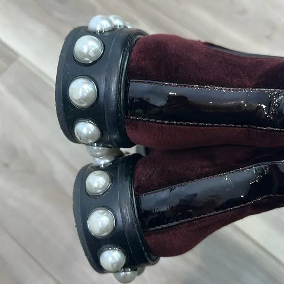 Louise Et Cie Maroon velvet pearl embellished slip on boots size 7