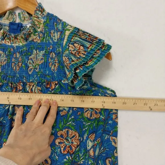 Love the Label Anthropologie Dress XS Blue Mini Floral Boho Smocked Ruffle Pocke