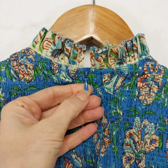 Love the Label Anthropologie Dress XS Blue Mini Floral Boho Smocked Ruffle Pocke