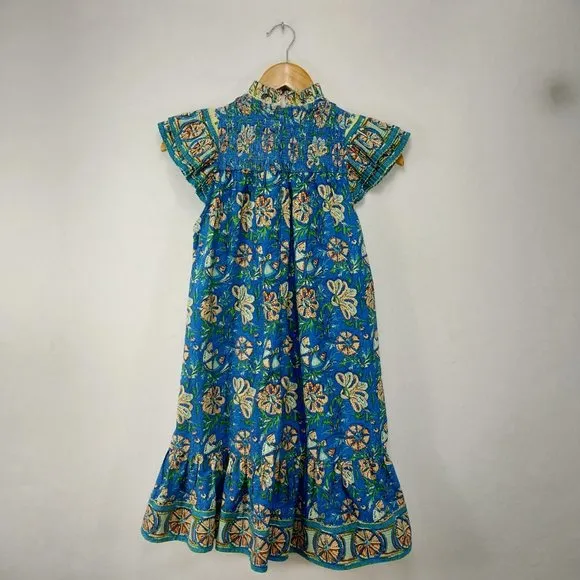 Love the Label Anthropologie Dress XS Blue Mini Floral Boho Smocked Ruffle Pocke