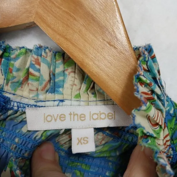 Love the Label Anthropologie Dress XS Blue Mini Floral Boho Smocked Ruffle Pocke
