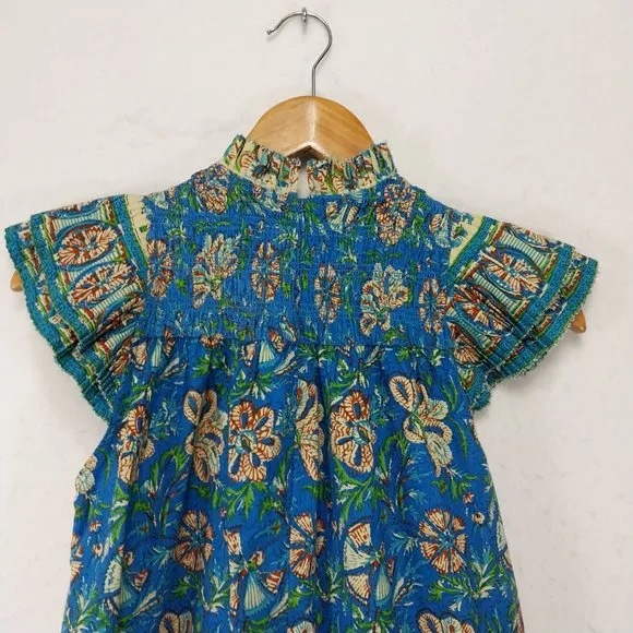 Love the Label Anthropologie Dress XS Blue Mini Floral Boho Smocked Ruffle Pocke