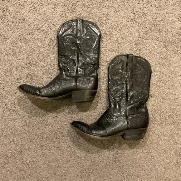 LUCCHESE Vintage Men’s Lizard Black Leather Cowboy Western Boots Shoes sz 10 1/2