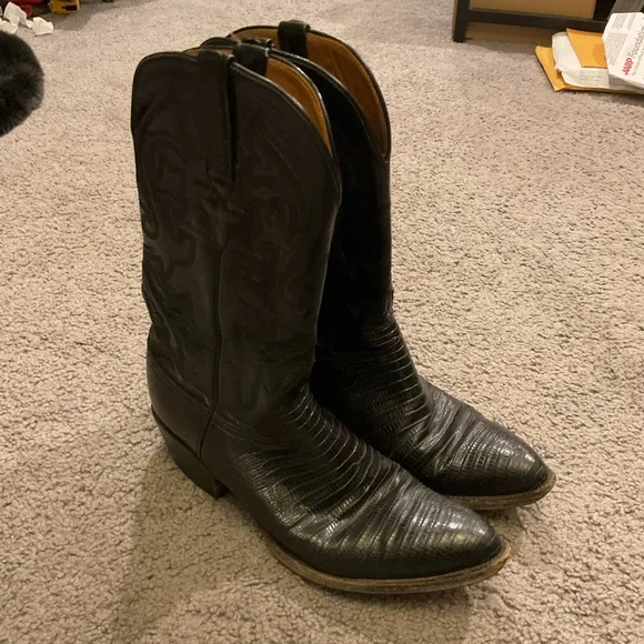 LUCCHESE Vintage Men’s Lizard Black Leather Cowboy Western Boots Shoes sz 10 1/2
