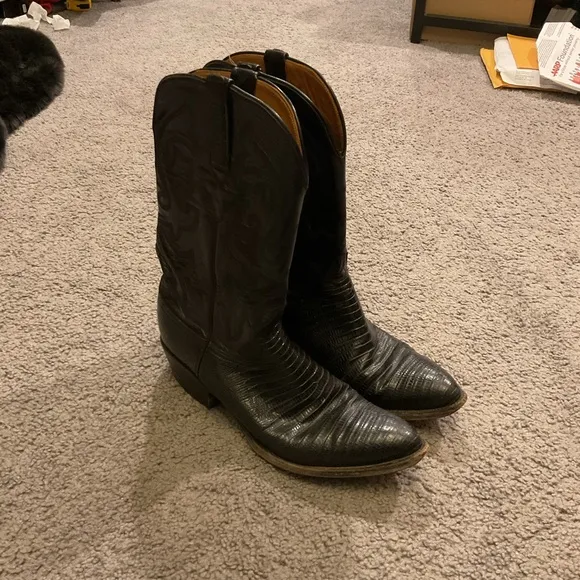 LUCCHESE Vintage Men’s Lizard Black Leather Cowboy Western Boots Shoes sz 10 1/2