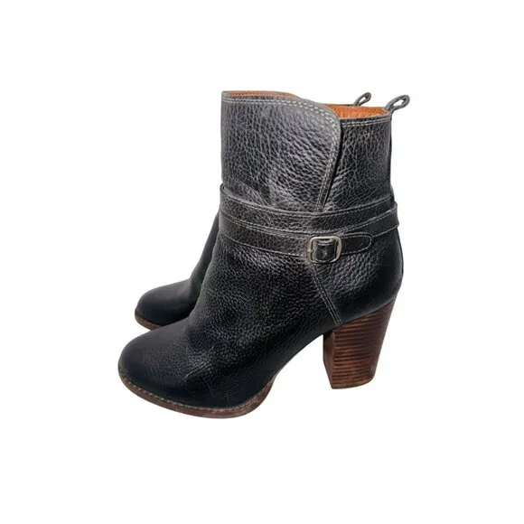 Lucky Brand LaTonya Leather Ankle Boots Black 8.5 Chunky Stacked Blocked Heel