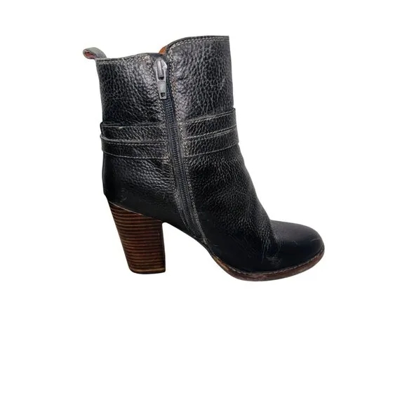 Lucky Brand LaTonya Leather Ankle Boots Black 8.5 Chunky Stacked Blocked Heel
