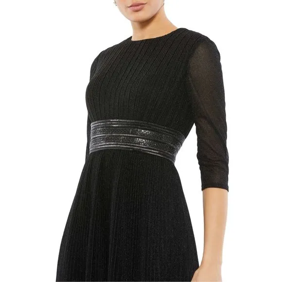 MAC DUGGAL SHIMMERING 3/4 SLEEVE A-LINE MIDI DRESS