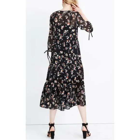 Madewell Sheer Button-Front Tier Midi Dress in Carnation Toss