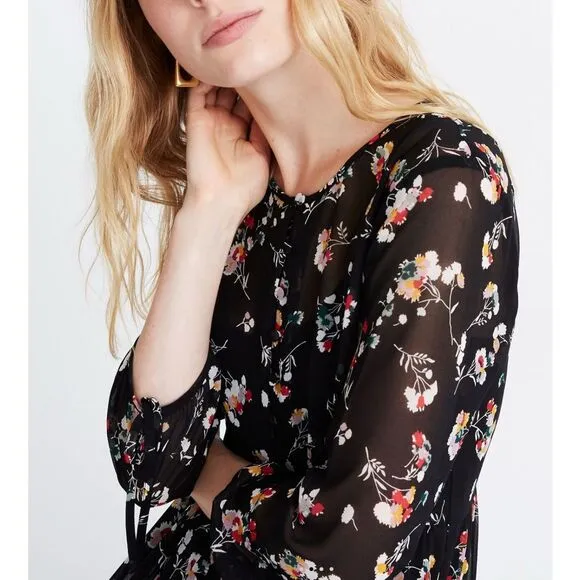 Madewell Sheer Button-Front Tier Midi Dress in Carnation Toss
