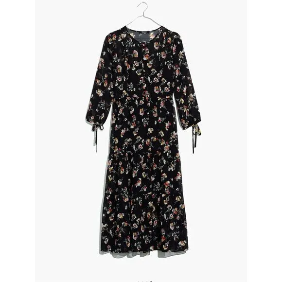 Madewell Sheer Button-Front Tier Midi Dress in Carnation Toss