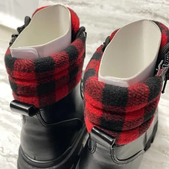 Marc Fisher Aboli Plaid Trimmed Boots Lug Sole Lace-Up Hiker Booties Black